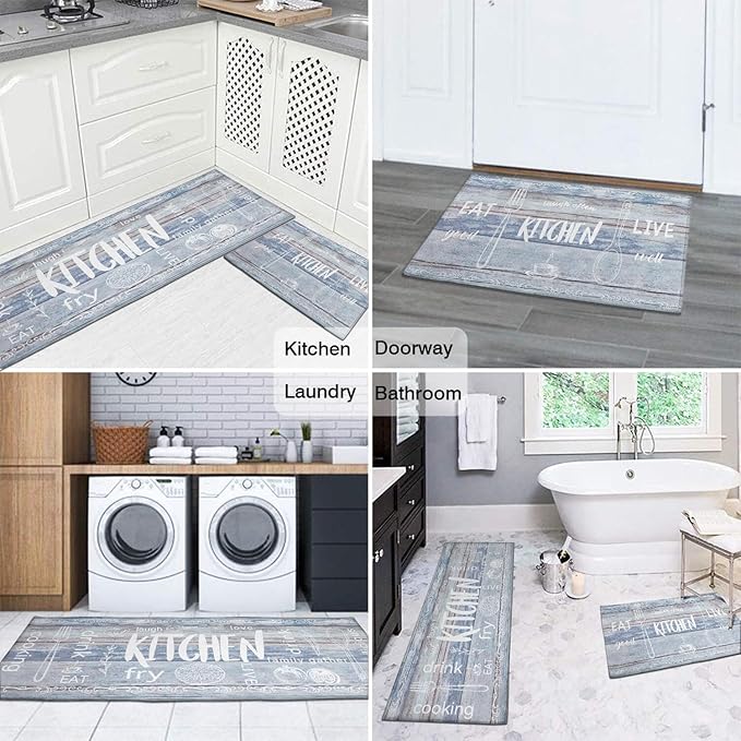 Kitchen Rugs Sets of 2 - Non Slip Washable Microfiber Kitchen Rug, Farmhouse Country Kitchens Rugs and Mats for Decor, Sink, Stove, Laundry, Machine Washable,（17"x 48"+17"x 24"）