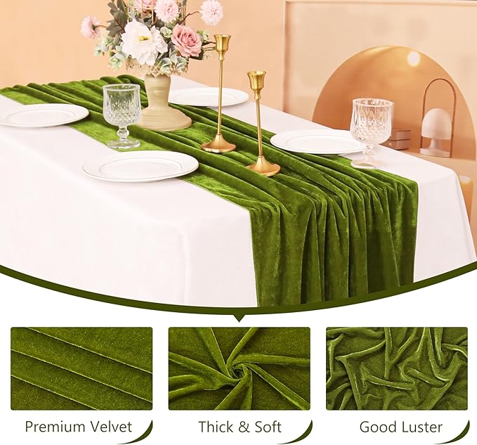 Velvet Table Runner 20 x 120 Inches 10ft Luxurious Thick Soft Velvet Christmas Thanksgiving Wedding Reception Table Runner for Party Reception Decorations(Olive Green, 6 Pack)