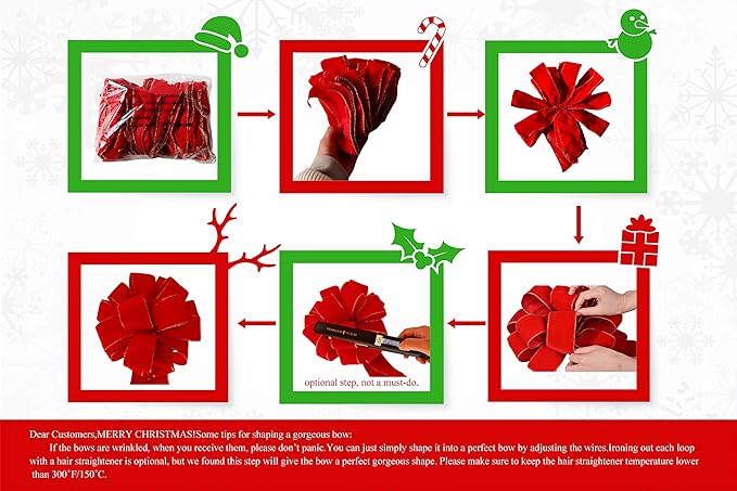 3pcs Red Velvet Ribbon Christmas Bows with Golden Wire, Handmade(26"x 12") Wired Large Ribbons, Thanksgiving/Christmas Tree Topper, Garland/Wreath, Tree Topper Decor