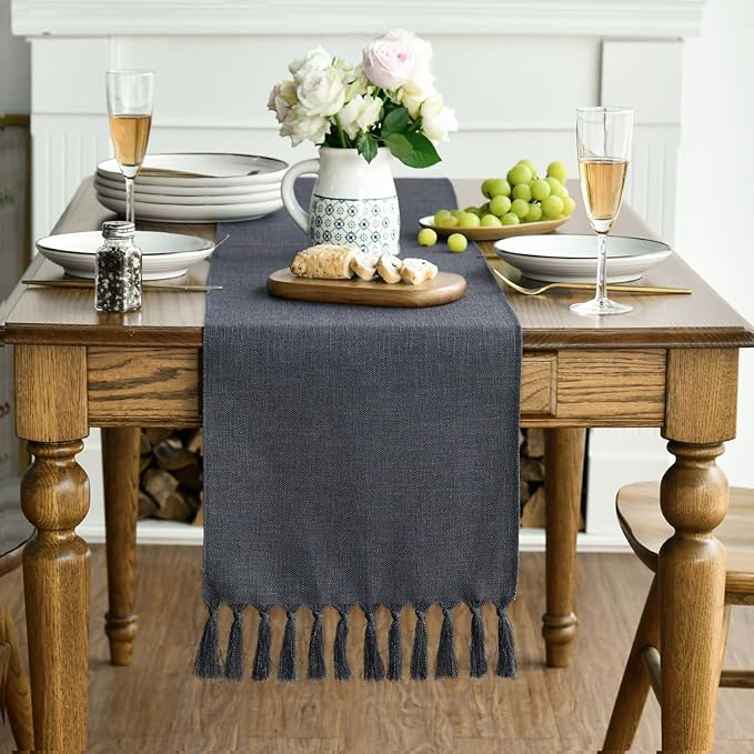 Artoid Mode Graphite Grey Tassel Table Runner, Linen Blend Rustic Farmhouse Style Kitchen Table Decoration Holiday Wedding Party Dinning Decor 13x36 Inch