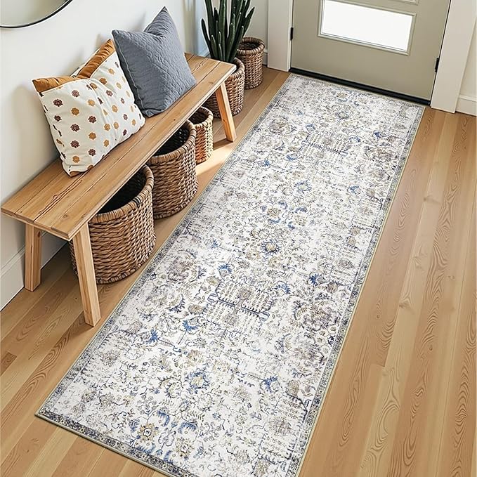 jinchan Kalen Runner Rug 2x7 Washable Hallway Rug Vintage Runner Indoor Floor Cover Thin Retro Distressed Floral Country Non Slip Carpet for Entryway Bathroom Kitchen Bedroom Living Room Stairway Blue