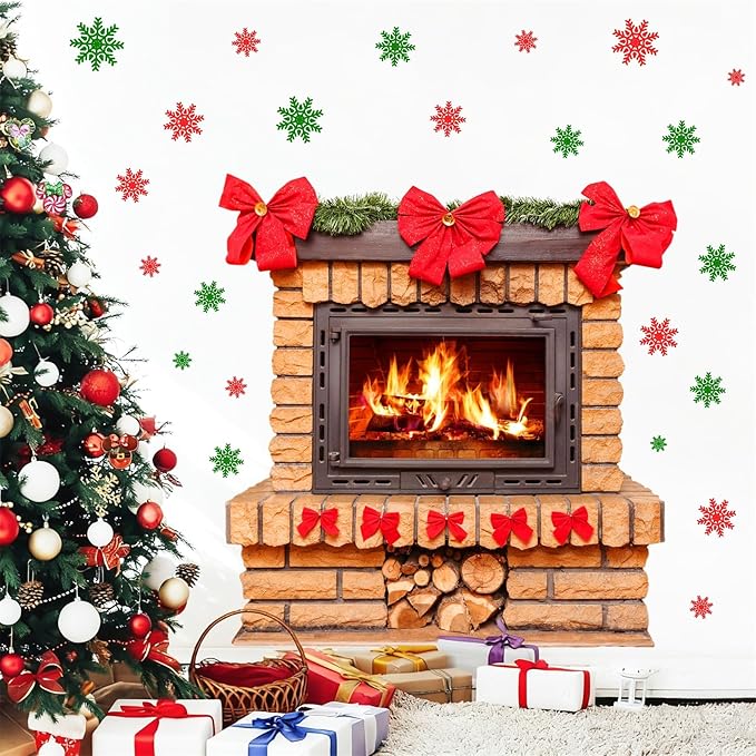 Large Christmas Wall Stickers Christmas Wall Decoration Vinyl Decals Realistic Bow Fireplace Decal for Walls Peel and Stick Indoor Snowflakes Xmas Art Murals for Living Room Holiday Party Supplies