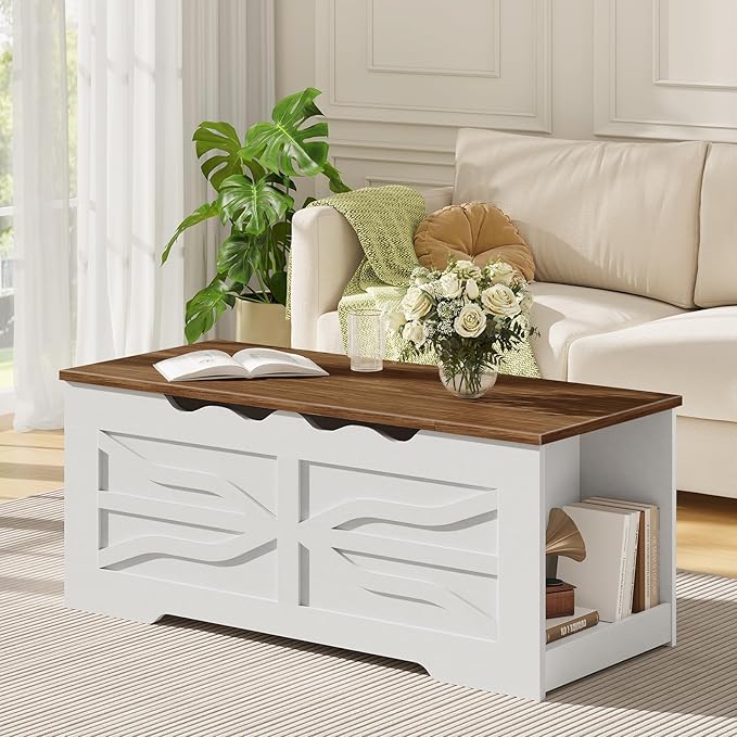 HOOBRO Storage Bench, 47.2'' Toy Box with Safety Hinges, Farmhouse Storage Chest with Side Storage Cubby, for Entryway, Bedroom, Living Room, White and Walnut WH96CW01
