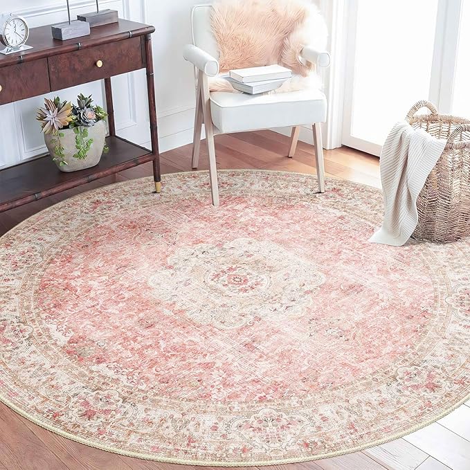 Pink Round Rug 5ft, Circle Boho Area Rugs for Bedroom Living Room,Washable Vintage Bohemian Distressed Oriental Floral Carpet Non Slip,Blush