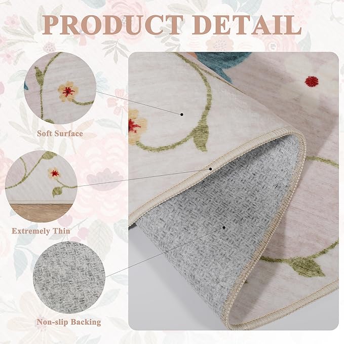 DUKINO 2x8 Runner Rug for Hallway, Washable Kitchen Runner Rug with Rubber Backing Non Slip, Low Pile Soft Boho Floral Thin Carpet for Entryway, Hallway, Bathroom, Laundry Room, Beige