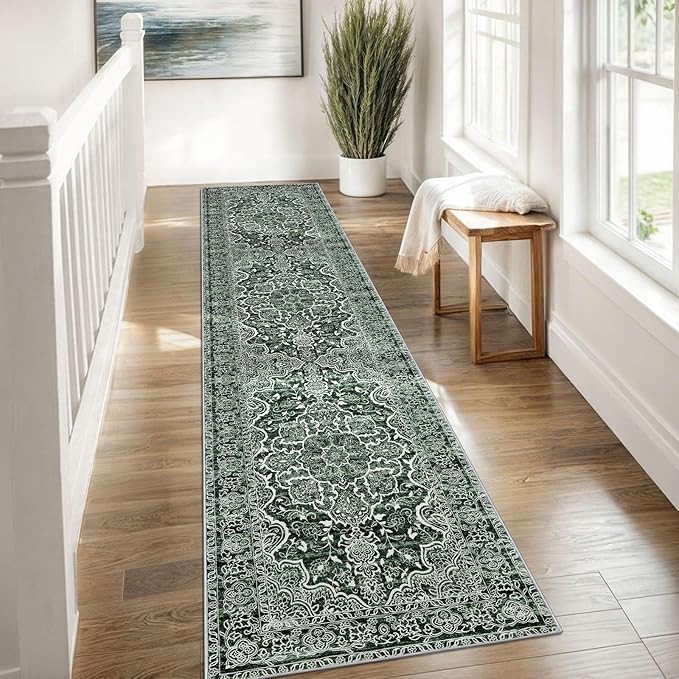 KUTA Vintage Runners for Hallways 2x8 Dark Green, Modern Floral Kitchen Rugs Non-Slip Washable Ultra Soft Printed Retro Distressed Carpet Entryway Runners for Bedroom Living Room Decor
