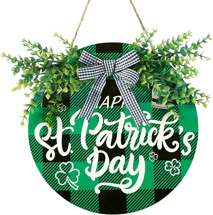 Sggvecsy St Patricks Day Decorations Buffalo Plaid Wooden Hanging Door Sign Happy St Patrick’s Day Farmhouse Rustic Door Decoration with Bowknot Greenery for Front Door Home Indoor Outdoor