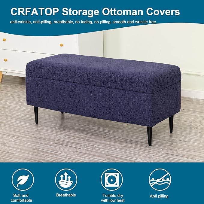 CRFATOP Jacquard Ottoman Stool Cover Stretch Folding Storage Footstool Bench Slipcovers Upholstered Foot Chest Chair Covers Washable Entryway Furniture Protector with Elastic Bands,M,Purplish Blue
