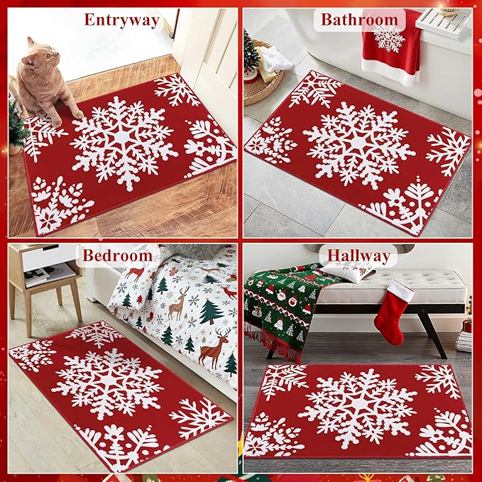 HEBE Christmas Area Rug - 2'x3' Non Slip Boho Red Snow Rugs for Living Room, Washable Soft Area Rugs for Bedroom Christmas Low Pile Indoor Floor Carpet for Entryway Xmas Holiday Decor