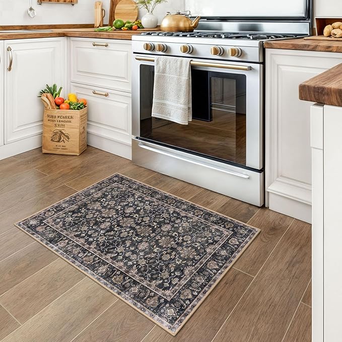 KUTA Vintage Floral Entryway Rug 2x3, Kitchen Rugs Non-Slip Washable Throw Rug, Brown Ultra Thin Soft Print Front Door Mat Indoor Doormat for Entrance, Bedside, or Small Spaces