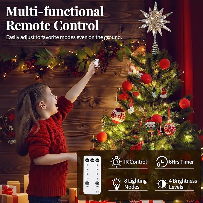 Lewondr Christmas Tree Topper, Plug in 3D Starburst Xmas Lighted Star Tree Topper, Remote Control & Timer Light Up Vintage Moravian Tree Topper for Christmas Decoraiton, Warm Light, Silver