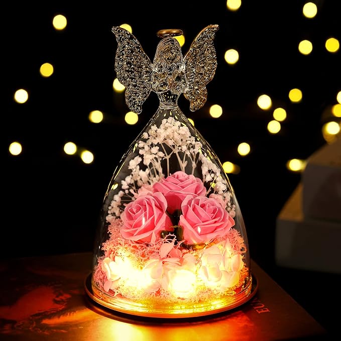 Mothers Day Mom Gifts for Women Preserved Flowers in Glass Angel Forever Flowers Gifts Eternal Roses Gifts for Grandma - Pink
