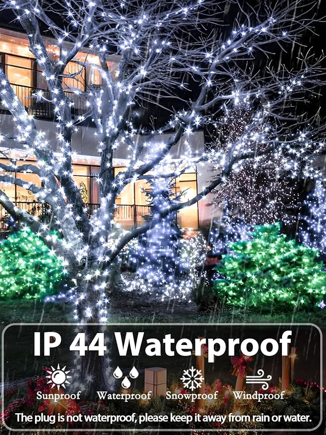 Upgraded 33 FT 100 LED Christmas Lights Outdoor Indoor, Extendable Waterproof White String Lights with Memory Function & Timer & 8 Modes Green Wire for Xmas Tree Holiday Party Garden Decor(Cool White)