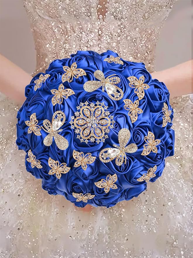 Handmade Floral Satin Rose Butterfly Shape Rhinestone Bridal Bouquet Luxury Golden Rhinestone Artificial Flowers for Wedding