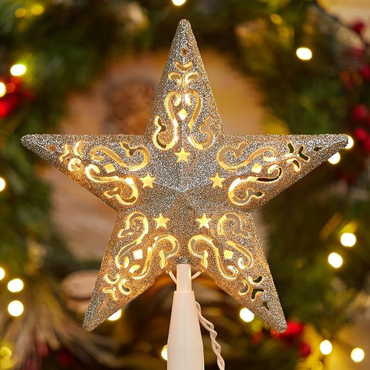 8” Christmas Star Tree Topper Silver Glittered Hollow 3D Christmas Tree Star Topper Built in 10 Bulbs String Lights Treetop Plug in (4 Bulbs 2 Fuses Spare) for Holiday Decor Tree Decorations