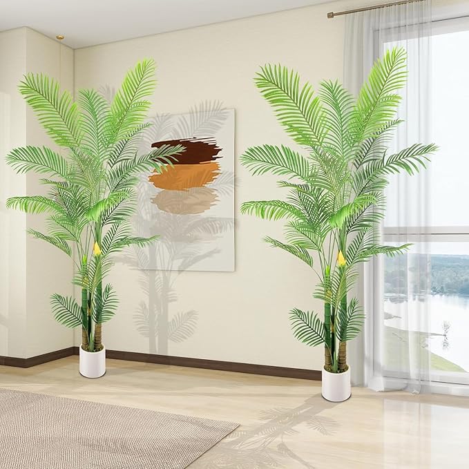 Artificial Fake Palm Tree 8FT 2Pack with White Planter & Free Moss, UV Resistant Artificial Palm Tree for Outdoors, Fake Plants for Poolside Home Room Decor, Faux Plants Outdoor Decor