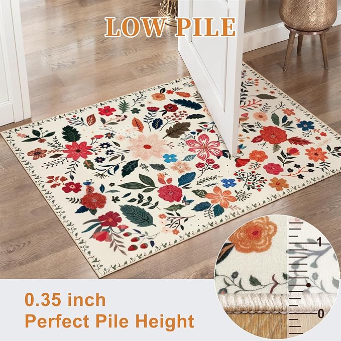 Tangsoo Runner Rug for Hallways Kitchen Rug, Non Slip 2x6 Washable Boho Floral Rug Runner for Entryway, Low Pile Carpet Door Mat Indoor Entrance for Kids Room Bedroom Laundry Office(White/Beige)