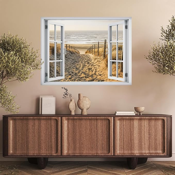 SIGNWIN Removable Wall Sticker/Wall Mural Window Sandy Trail Leading to Ocean Horizon Photography Realism Decorative Landscape Digital Art for Living Room, Bedroom, Office - 36"x48"