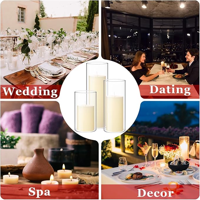 Shihanee Set of 3 Pillar Candles and 3 Glass Cylinder Candle Vases Holders Clear Pillar Jars for Wedding Centerpieces(2.6'' X 4.7'', 5.9'', 7.9'',Ivory White)