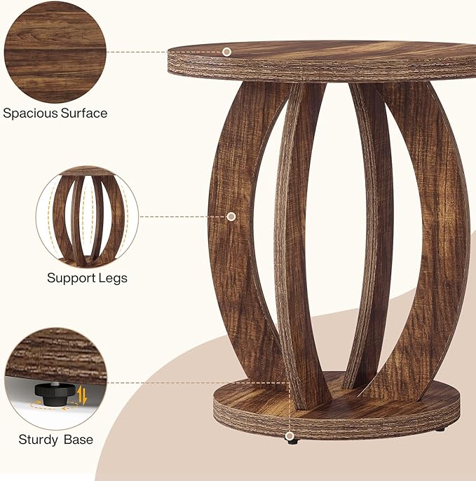 Tribesigns End Table, Round Side Table with Storage, Farmhouse Nightstand Bedside with Round Tabletop, Accent End Table for Living Room Bedroom Small Space, Wooden Accent Furniture (1, Dark Brown)