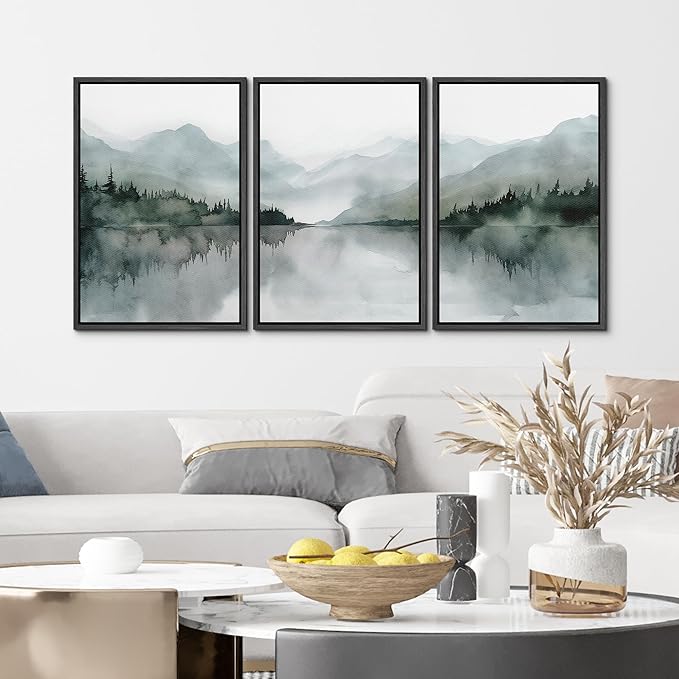 MUDECOR Framed Wall Art Print Set Misty Mountain Lake Watercolor Serene Illustrations Modern Art Boho Decorative Colorful Chic for Living Room, Bedroom, Office - 16"x24"x3 Black