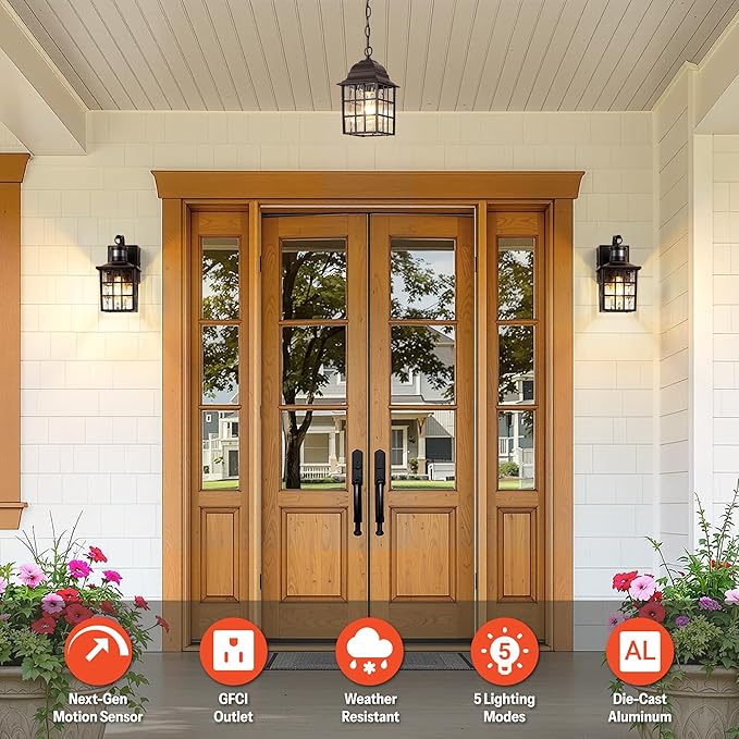 Gleamz Motion Sensor Exterior Garage Lighting Fixtures with GFCI Outlet, Farmhouse Oil Rubbed Bronze Gold Trim Outdoor Porch Lights Wall Mount, Waterproof Dusk to Dawn Outdoor Sconce Lights for House