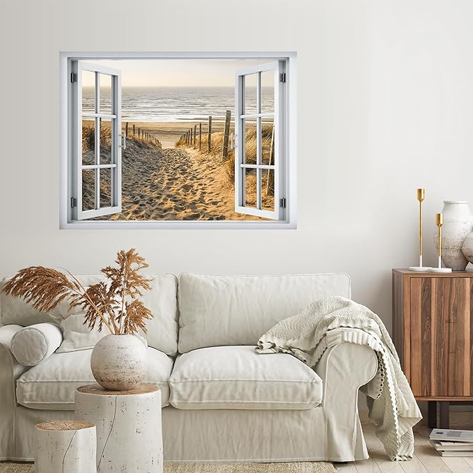 SIGNWIN Removable Wall Sticker/Wall Mural Window Sandy Trail Leading to Ocean Horizon Photography Realism Decorative Landscape Digital Art for Living Room, Bedroom, Office - 36"x48"