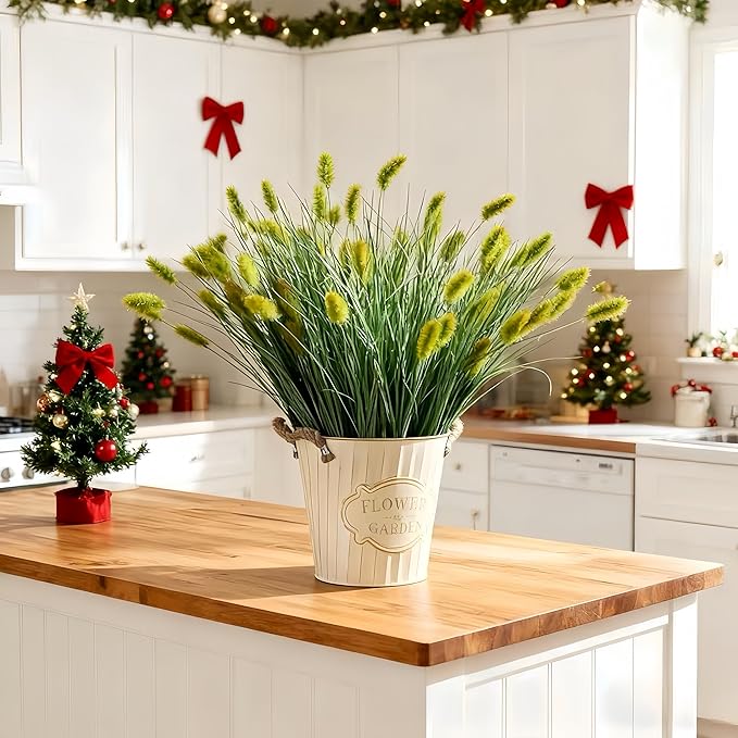 24 inches Extra Lush Artificial Reed Grass (6pcs), Luxury Fake Plants with 13 Heads Dogtail Flower, Luxury Faux Greenery with Dogtail for Garden Porch and Home Decor (Green-13)
