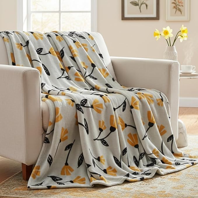 DaDa Bedding Floral Fleece Throw Blanket - Soft Faux Mink Flannel with Yellow Orange Tulips on Grey - Cozy & Elegant Home Decor - 63" x 90"