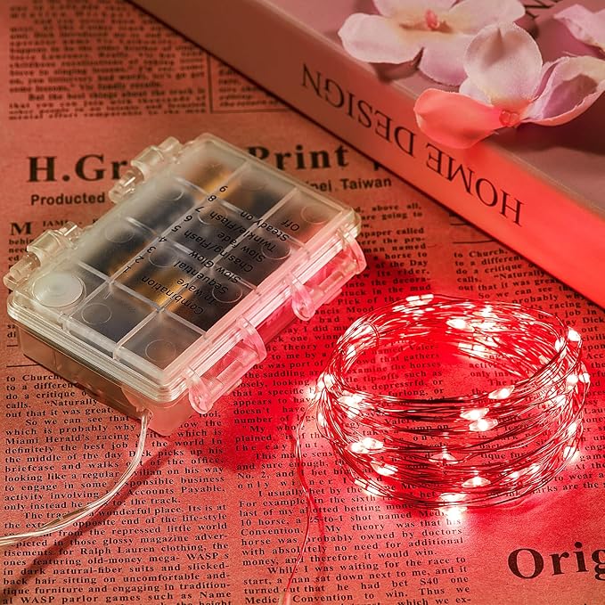 1 Pack 16.4 Ft. Battery Operated Outdoor String Lights with Remote & Timer, LED Red Fairy Lights, Waterproof Twinkle Lights for Bedroom, Dorm, Mason Jar, Wedding, Party, Christmas