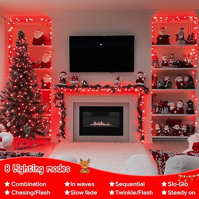 JMEXSUSS 2 Pack 100 LED Red Christmas Lights Outdoor Waterproof, Each 33ft Red String Lights Indoor Plug in, 8 Modes Connectable Christmas Tree Light for Xmas Yard Bedroom Fireplace Party Decorations