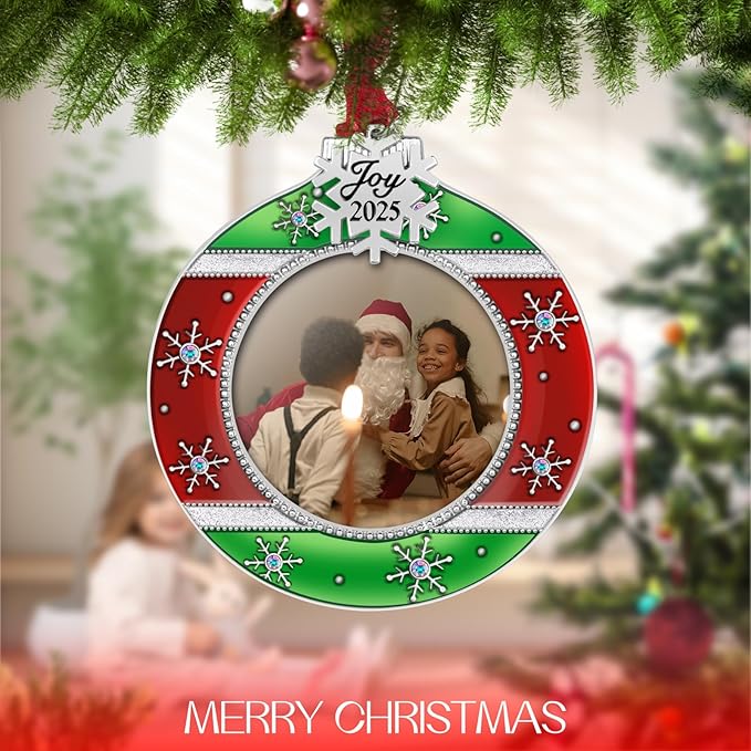 2025 Christmas Tree Ornaments 3 Piece Picture Frame Hanging Ornament Decorative Holiday Keepsake Gift Snowflake Pendant with 2” Photo Frame Insert for Picture of Pet (Red Green Gift Set)