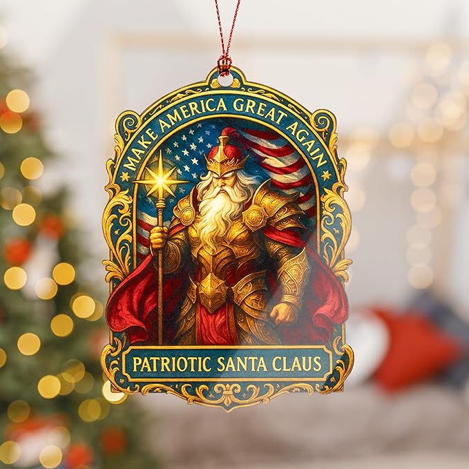 Patriotic Santa Ornament – American Flag Armor – USA Christmas Décor | Veteran Ornament Christmas Ornament 2025 – Suncatcher Effect Stained Glass Window – Car Hanging