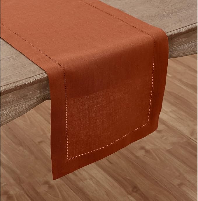 Solino Home Linen Table Runner 120 Inches Long - 100% Pure Linen Cinnamon Table Runner 14 x 120 Inch - Classic Hemstitch