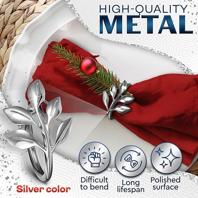Set of 20 Silver Valentine Napkin Rings - Decorative Silver Napkin Rings Set | Napkin Ring Holders with Elegant Leaf Design for Weddings, Parties & Special Occasions, Romantic Valentine Table Decor