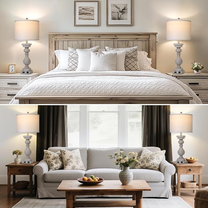 28" Tall Farmhouse Table Lamps Set of 2 with USB C+A Ports and AC Outlet, 3 Way Touch Tall Rustic Bedside Lamps for Living Room, Grey Vintage Lamps for Bedroom