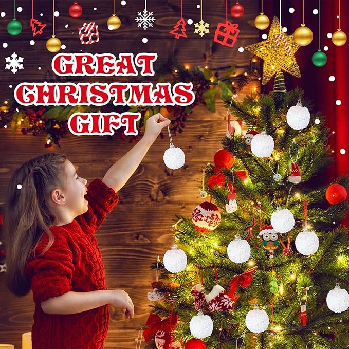 Liliful 48 Pcs 1.18 Inch Mini Christmas Ball Ornaments Christmas Tree Ornament Glitter Sequin Foam Ball Ornaments Xmas Hanging Decoration for New Year Holiday Wedding (White)