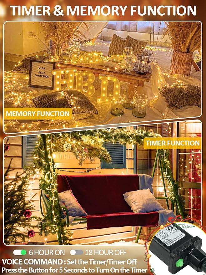Smart Christmas Lights With Voice Control Indoor Outdoor, Clear Wire 66Ft 200 LED String Lights, Dimmable 12Modes Twinkle Fairy String Light Waterproof for Xmas Tree Wedding Party Bedroom (Warm White)