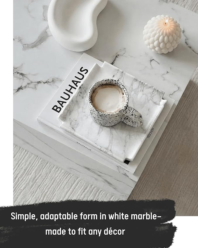 Astavostone White Marble Tray 8'' – Luxurious Square Decorative Tray for Fruit, Desserts, Candles, Key Jewelry & Perfume on Coffee Table, Island & Bathroom Vanity (Cal-White)