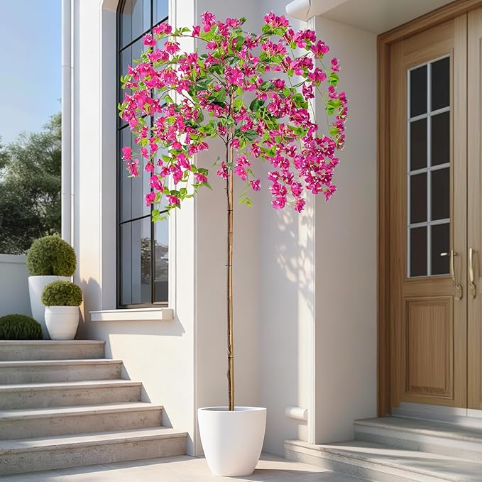 7.2FT Artificial Bougainvillea Tree Artificial Tree Tall Potted Fake Bougainvillea Trees for Outdoor Indoor Lifelike Potted Faux Plants with Wood Trunk and Flowers Office Wedding Home Decor