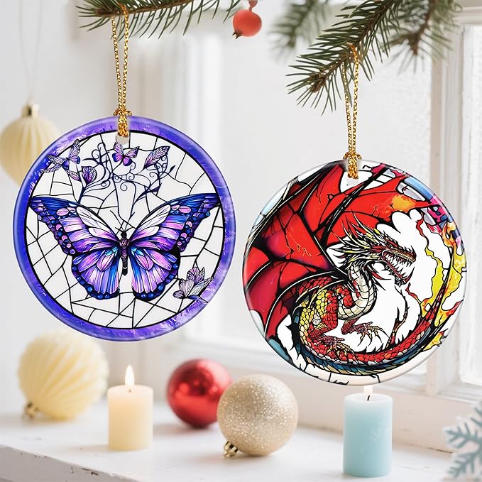 Ceramic-Style Christmas Tree Decorations, Christmas Ornaments, Double-Sided Printed Ornament Keepsakes, Holiday Decor. Xmas Gifts, Gifts for Butterfly Lovers - Butterfly-Themed
