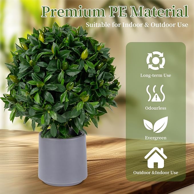 Artificial Topiary Ball Evergreen Set of 2 with Fruits, 23.6'' Boxwood Balls Shrubs with Pot, UV Resistant Outdoors Fake Plant for House Porch Decor, Faux Artificial Plants Bush Indoor & Outdoor