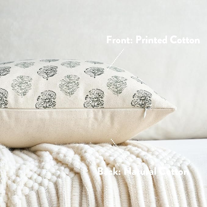 Floral Vintage Throw Pillow Covers 18x18 Pillow Cover Block Print Decorative Cushion Covers Farmhouse Neutral Accent Home Décor for Sofa Couch Living Room Bedroom, 1PC, Olive Green