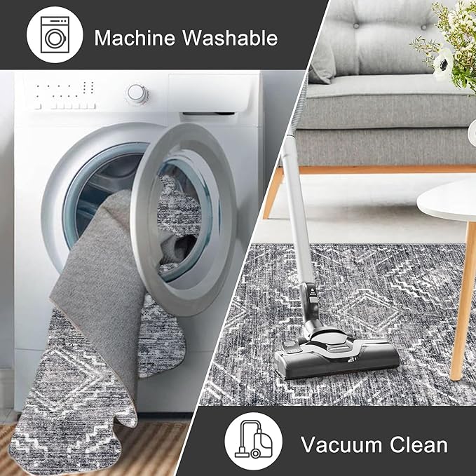 KILOCOCO Hallway Runner Rug 2'x8' Runners for Hallways Washable Runner Rug Non Slip Rubber Backed Low-Pile Runners for Bedroom Kitchen Living Room Laundry Room Boho Rugs, Grey