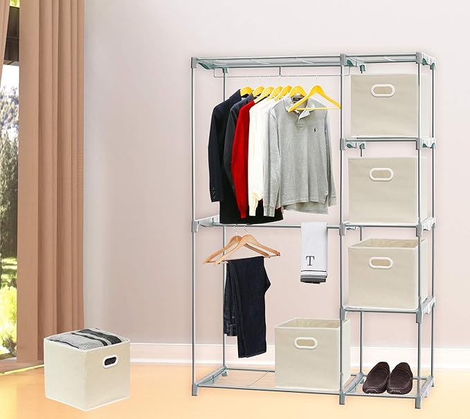 Simple Houseware Foldable Cube Storage Bins with Handles, 11-Inch, Beige, 6-Pack, Fabric Cubes Organizer for Closet or Shelves