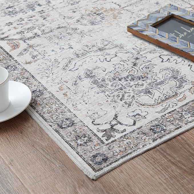 jinchan Runner Rug 3x7 Washable Hallway Rug Vintage Indoor Thin Retro Floor Cover Distressed Gray Floral Country Lightweight Non Slip Carpet for Entryway Bathroom Kitchen Bedroom Living Room Grey
