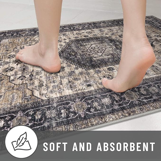 KUTA Runners for Hallways 2x6 Ivory Grey-Black, Vintage Floral Kitchen Rugs Non-Slip Washable Runner Ultra Soft Printed Retro Flower Carpet Entryway Rug for Bedroom Laundry Nursery