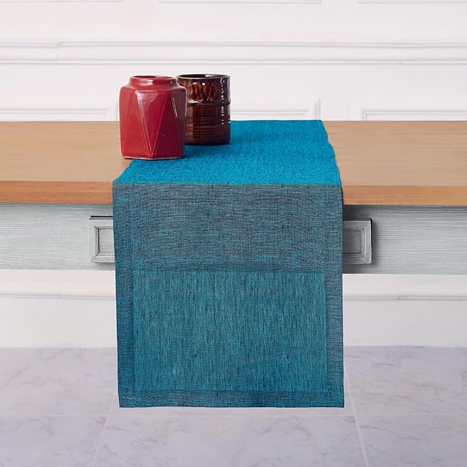 Solino Home Linen Table Runner 90 Inches Long - Athena, 100% Pure Linen Chambray Teal Table Runner 14 x 90 Inch for Dining, Spring, Easter, St Patricks Day