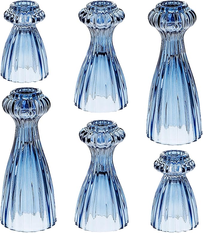 Lysenn Glass Candle Stick Holder Set of 6 – Premium Taper Candle Holders for Romantic Ambiance - Candle Sticks Holder Decor for Special Occasions - Dark Blue