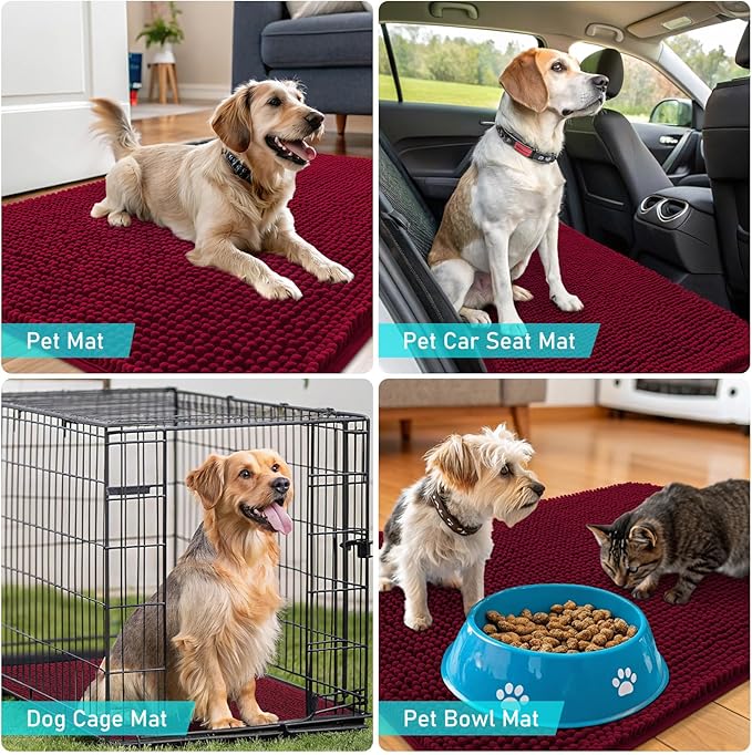 OLANLY Dog Door Mat for Muddy Paws 40x32, Absorbs Moisture and Dirt, Absorbent Non-Slip Washable Doormat, Quick Dry Chenille Mud Mat for Dogs, Entry Indoor Entryway Carpet for Inside Floor, Burgundy